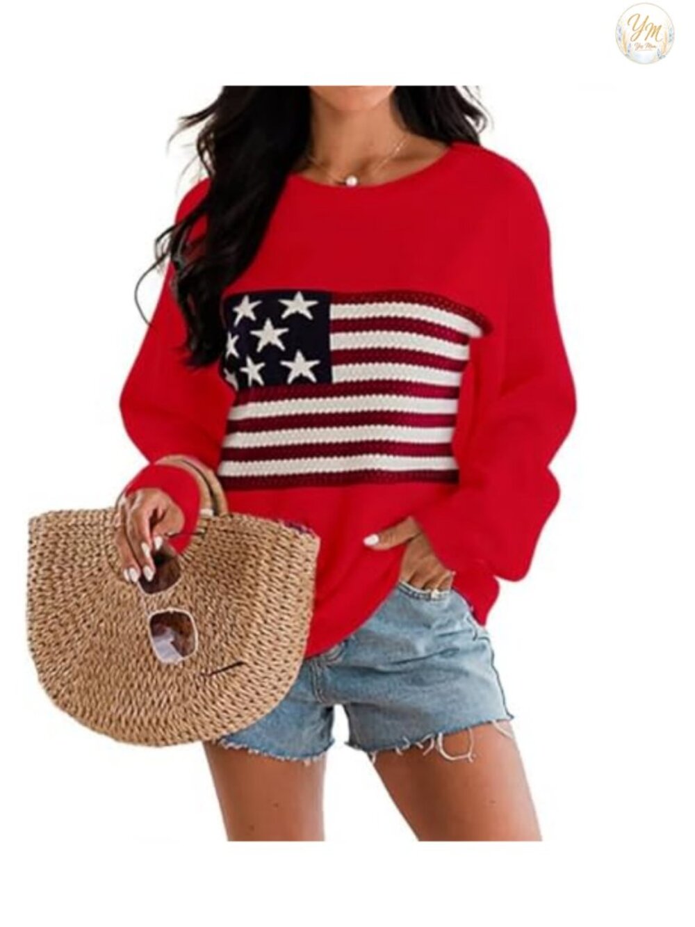 Patriotic Knit Sweater Crew Neck Long Sleeve Pullover Women